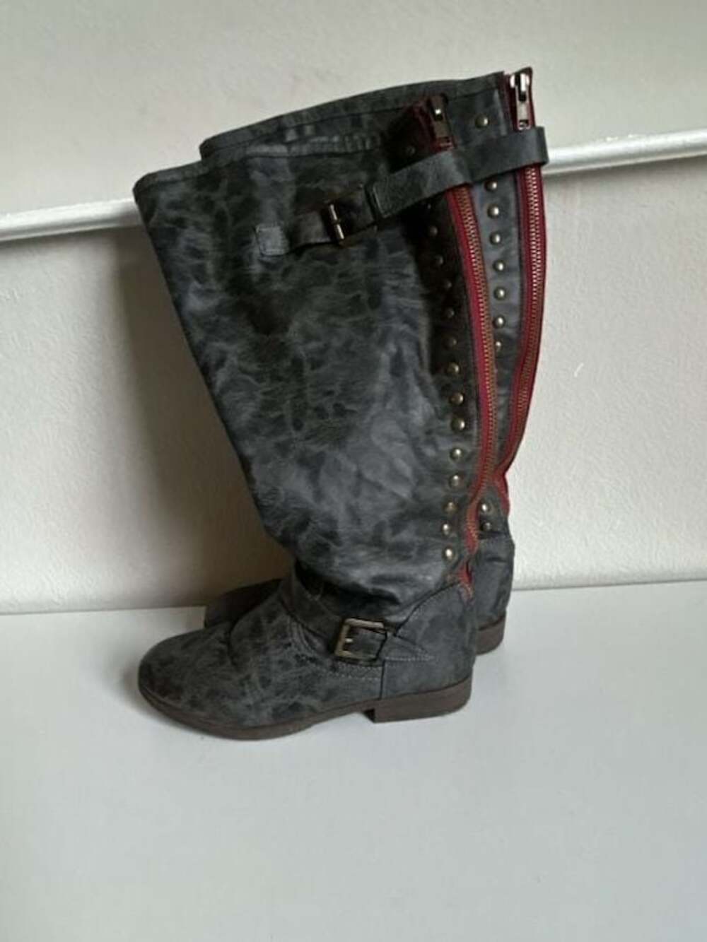 Madden Girl Cactuss Distressed Grey Moto Riding Boots with Exposed Red Zipper